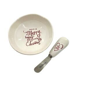 Tabletop Dip Bowl & Spreader Merry Little Christmas Ceramic Poetic Threads NEW